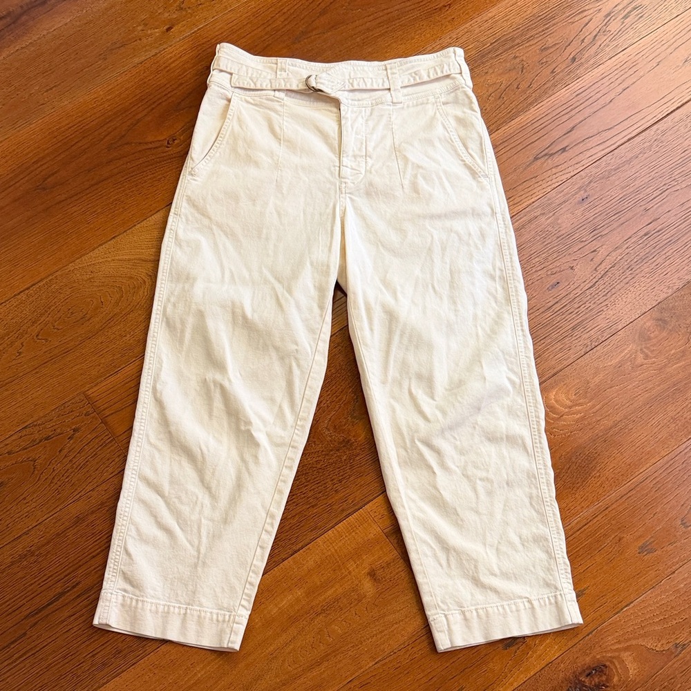 Anthropologie Cream Cropped High Waist Belted Pant